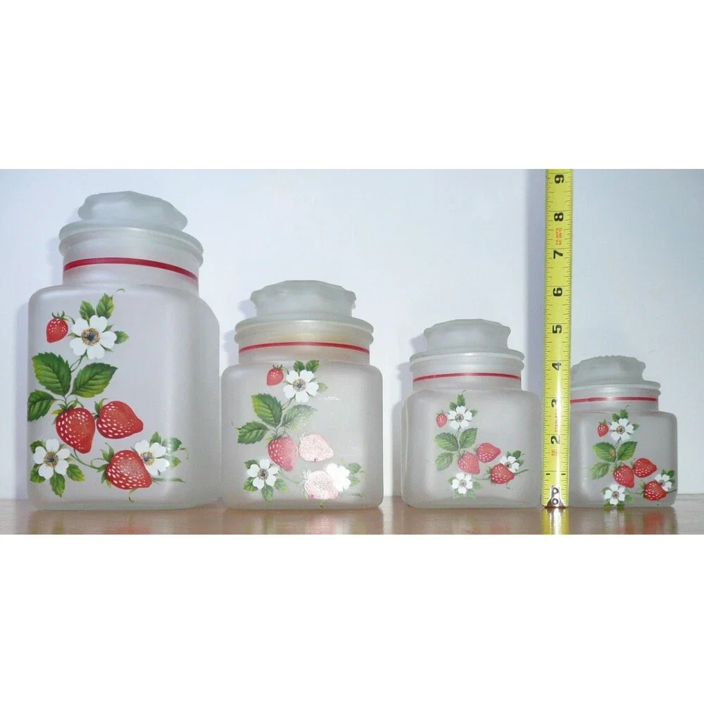 Vintage Anchor Hocking Strawberry Canister Set, 4 Piece Frosted/Satin Glass